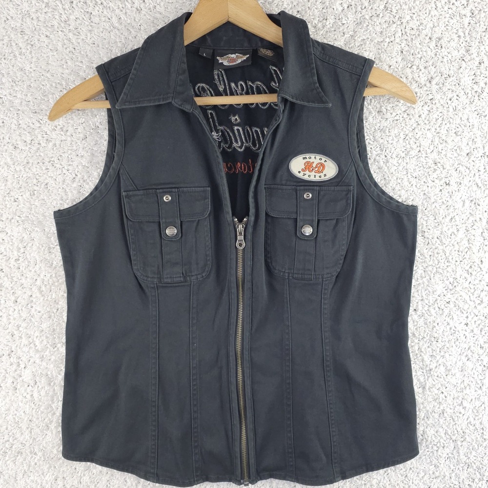 Harley‎ Davidson Denim Sleeveless Vest Zip Up Shirt Women's Large Embroidered